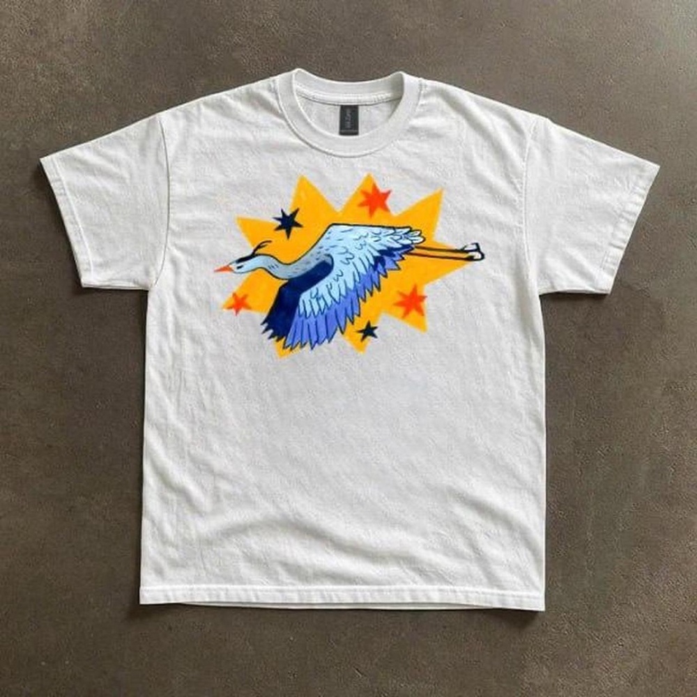 Gildan White Tee with Colorful Crane Design
